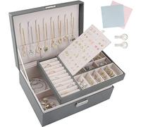 TEIVUL Boite a Bijoux Femme,Rangement Bijoux 2 Couches,Boite à Bijoux Verrouillable avec Clef,Boîtes à Bijoux et Présentoirs pour Filles Femme Colliers,Bracelets, bagues et boucles d'oreilles(gris)