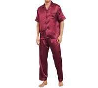 TeJoyce Ensembles de Pyjama Homme en Satin, 2 Pièces Vêtements de Maison en Soie, Chemise Manches Courtes à Boutons et Pantalon à Poches, Doux et Élégant pour Homme (Bordeaux, XL)