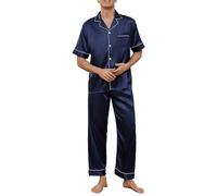 TeJoyce Ensembles de Pyjama Homme en Satin, 2 Pièces Vêtements de Maison en Soie, Chemise Manches Courtes à Boutons et Pantalon à Poches, Doux et Élégant pour Homme (Bleu Marine, XL)
