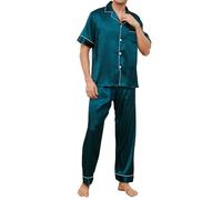 TeJoyce Ensembles de Pyjama Homme en Satin, 2 Pièces Vêtements de Maison en Soie, Chemise Manches Courtes à Boutons et Pantalon à Poches, Doux et Élégant pour Homme (Vert Foncé, S)
