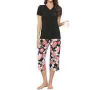 TeJoyce Pyjama Femme Court Été, Deux Pièces Vêtements de Nuit Coton, Ensembles Manches Courtes et Pantalon 3/4 à Motif Floral avec Poche, Léger et Respirant Loungewear pour Dormir (Noir, XL)
