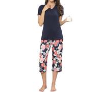 TeJoyce Pyjama Femme Court Été, Deux Pièces Vêtements de Nuit Coton, Ensembles Manches Courtes et Pantalon 3/4 à Motif Floral avec Poche, Léger et Respirant Loungewear pour Dormir (Bleu Marine, M)