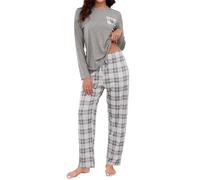 TeJoyce Pyjama Femme Hiver Coton, Ensembles De Pyjama Femme Coton VêTements De Nuit à Manches Longues Et Pantalon à Carreaux avec Poches, Doux Et Cocooning pour La Maison S-XXL