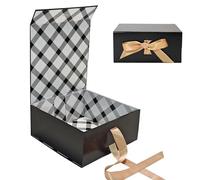Tekhoho Boîte Cadeau Noire 22x22x10cm avec Couvercle, Boîte Pliable Magnétique avec Ruban et Intérieur à Carreaux pour Anniversaire Mariage Noël