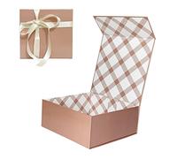 Tekhoho Boîte Cadeau Or Rose 21.5x21.5x9cm, Boîte Cadeau Haut de Gamme avec Couvercle Magnétique et Ruban pour Emballage Cadeau de Vacances, Mariage, Anniversaire, Doublure à Carreaux