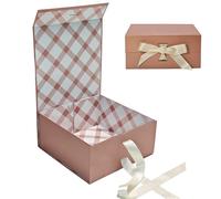 Tekhoho Boîte Cadeau Or Rose 22x22x10cm, Boîte Cadeau Haut de Gamme avec Couvercle Magnétique et Ruban pour Emballage Cadeau de Vacances, Mariage, Anniversaire, Doublure à Carreaux