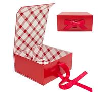 Tekhoho Boîte Cadeau Rouge 22x22x10cm avec Couvercle, Boîte Pliable Magnétique avec Ruban et Intérieur à Carreaux pour Anniversaire Mariage Noël