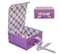 Tekhoho Boîte Cadeau Violet 22x22x10cm, Boîte Cadeau Haut de Gamme avec Couvercle Magnétique et Ruban pour Emballage Cadeau de Vacances, Mariage, Anniversaire, Doublure à Carreaux