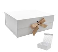 Tekhoho Grand Boîte Cadeau Blanc 33.5x27x12.5 cm, Boîte Cadeau Haut de Gamme avec Couvercle Magnétique et Ruban pour Emballage Cadeau de Vacances, Mariage, Anniversaire, Doublure à Carreaux