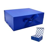 Tekhoho Grand Boîte Cadeau Bleu 33.5x27x12.5 cm, Boîte Cadeau Haut de Gamme avec Couvercle Magnétique et Ruban pour Emballage Cadeau de Vacances, Mariage, Anniversaire, Doublure à Carreaux