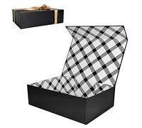 Tekhoho Grand Boîte Cadeau Noir 33x23,7x10 cm, Boîte Cadeau Haut de Gamme avec Couvercle Magnétique et Ruban pour Emballage Cadeau de Vacances, Mariage, Anniversaire, Doublure à Carreaux