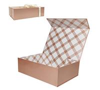 Tekhoho Grand Boîte Cadeau Or Rose 33x23,7x10 cm, Boîte Cadeau Haut de Gamme avec Couvercle Magnétique et Ruban pour Emballage Cadeau de Vacances, Mariage, Anniversaire, Doublure à Carreaux