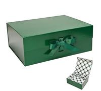 Tekhoho Grand Boîte Cadeau Vert 33.5x27x12.5 cm, Boîte Cadeau Haut de Gamme avec Couvercle Magnétique et Ruban pour Emballage Cadeau de Vacances, Mariage, Anniversaire, Doublure à Carreaux
