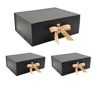 Tekhoho Lot de 3 Grand Boîte Cadeau Noir 33.5x27x12.5 cm, Boîte Cadeau Haut de Gamme avec Couvercle Magnétique pour Emballage Cadeau de Vacances, Mariage, Anniversaire, Doublure à Carreaux