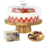 Tel Charme * Plateau à gâteau avec couvercle, support à gâteau avec pied, Plateau à gâteau multifonctionnel en bois, Plateau rond à gâteau de 30 cm avec couvercle en verre, Plateau tournant pour la