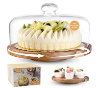 Tel Charme * Présentoir à gâteau rotatif en verre avec couvercle - Plateau à gâteau en bois d'acacia de 30,5 cm avec dôme - Comprend 2 planches à gâteau supplémentaires - Support à gâteau pour mariage