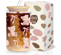 TELAIN Adorable verre cadeau ours Bowl pour femme, tasse en verre de 400 ml, avec couvercle et paille, cadeau motivant pour lui et elle