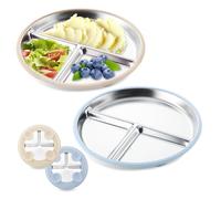 TELAIN Assiette Enfant En Acier Inoxydable Avec Ventouse En Silicone, Lot De 2 (1 Blanc, 1 Bleu), Durable Et Sûr Pour Les Enfants, Sans BPA, Idéal Pour Apprendre