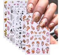 TELAIN Lot de 8 feuilles d'autocollants pour nail art - Feuilles noires 3D - Fleurs d'amour - Feuilles d'automne - Fournitures pour ongles - Motifs floraux - Pour femme