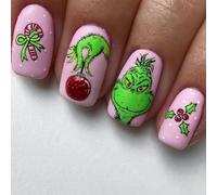 TELAIN Ongles artificiels courts carrés de Noël, roses, avec monstre vert et motif de canne à sucre d'orge, faux ongles d'hiver pour femmes et filles