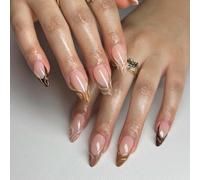 TELAIN Ongles Press-On Brauns Français Mandeln Moyenne avec Design 3D, Couverture Complète, Ongles Adhésifs Doux, Faits à la Main 24 Pièces