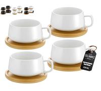 TELANKS Lot de 4 tasses à cappuccino avec soucoupes - 300 ml - Tasses à expresso en grès pour thé, café, cappuccino - Avec disque en bois - Blanc