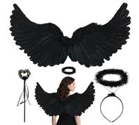 TELAOBAN Costume Ailes d'ange noires pour Femme, 70 cm Ailes d'ange noires enfant avec Baguette et Tête, Costume d'ailes d'ange déchu pour Halloween, Costume d'Ailes d'Ange, pour Enfants et Adultes