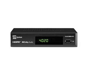 Tele System Decoder TS4020 avec Double Tuner DVB-T/T2 et DVB-S/S2 HEVC HD HDR10 HLG. Accédez à la télévision et à la Radio sans air, terrestres et Satellite. Lecteur multimédia USB pour Musique,