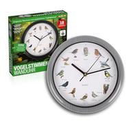 TELE WELT Horloge murale avec sons d'oiseaux - Argenté - 12 voix d'oiseaux - Moderne - Horloge de salon - Analogique - Horloge de cuisine - Horloge murale argentée (argentée)