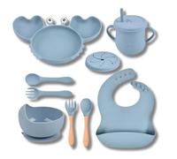 TELEFIX Vaisselle pour bébé - Ensemble repas pour bébé avec assiette, bol, gobelet, couverts et bavoir - Service enfant en silicone sans BPA - Passe au lave-vaisselle - Antidérapant - Bleu