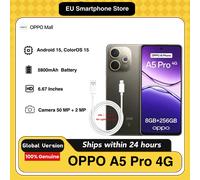 Téléphone OPPO A5Pro 4G AI, 8 Go + 256 Go LTE, version mondiale, débloqué, système ColorOS 15, batterie grande capacité 6000 mAh, avec câble de charge 8A Blue