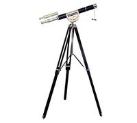 Télescope antique à double baril en cuir et laiton avec trépied en bois sur pied pour les aventures de la marine et de plein air.