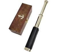 Télescope de pirate en laiton brillant fabriqué à la main - Style vintage - En cuir noir - Pliable - Avec boîte en bois