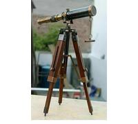 Télescope maritime vintage en laiton avec trépied et support en bois