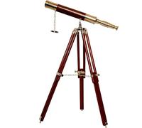 Télescope nautique antique vintage en laiton brillant sur pied trépied en bois pour décoration maritime de maison et de bureau