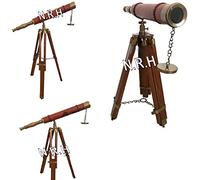 Télescope nautique en laiton antique 45,7 cm en cuir marine avec trépied en bois