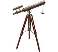 Télescope nautique vintage en laiton sur trépied en cuir gris avec support en bois et finition antique pour décoration d'intérieur