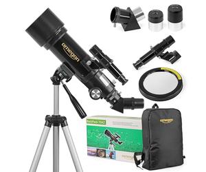 Télescope Omegon AC 70/400 Solar Backpack AZ | Mobilité et sécurité | Idéal pour l'observation du Soleil | Accessoires complets (Sac à Dos, filtres solaires, 2 oculaires et Lunette de visée)