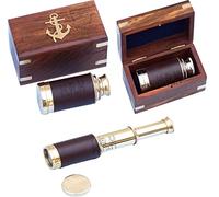 Télescope portable en laiton avec boîte en bois - 15,2 cm - Télescope de navigation pirate en verre et cuir
