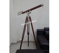 Télescope vintage en laiton bleu marine double baril trépied en bois marron cadeau rustique vintage décoration d'intérieur cadeaux
