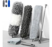 Telescopic Duster, Washable, Duster, Telescopic Rod and Bendable Corner Broom (Gris + Blanc, 6)