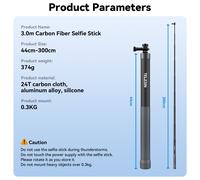 TELESIN-Perche à selfie monopode en fibre de carbone,longueur réglable,extensible avec vis 1.2,3m,1/4 m,GoPro Insta360,DJI Osmo Action - Type 3M