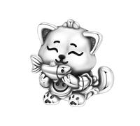 Teleye Breloque chat mangeant un poisson, perle en argent abordable compatible avec la plupart des bracelets quotidiens