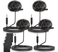 Tellegloww Lot de 4 microphones cravate avec pare-vent en fourrure, 3,5 mm compatible avec DJI Mic/Rode sans fil pour interview, vidéo, diffuseurs, pochette de rangement portable incluse, noir
