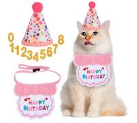 Telooco Fournitures de fête d'anniversaire pour chat, chapeau d'anniversaire rose avec chiffre, chaton, collier bandana, bavoir, décorations de fête pour chats