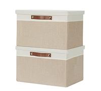 Temary Lot de 2 grands paniers de rangement pliables avec couvercles, en tissu pour organiser la maison (blanc et kaki, 38,1 x 27,9 x 24,1 cm)