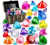 Temeemeg 33 pièces/Ensemble Jouets de plongée en Piscine-Pierres précieuses acryliques colorées avec Coffre au trésor pour la Chasse au trésor sous-Marine, Jeux de Piscine Amusants pour Les Enfants.