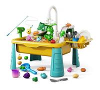 Temeemeg Évier de Jeu avec Eau Courante pour Enfants, évier électrique avec Poisson et Jeu de pêche à Couleur Changeante, Table à Eau pour Tout-Petits pour Jouer l'intérieur et l'extérieur.
