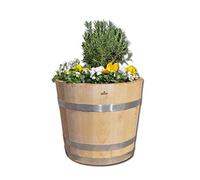 Temesso Demi tonneau de châtaignier - comme bac à Fleurs, Pot de Fleurs, jardinière - en Bois Massif de Marronnier - avec poignées en Corde (D60 H40 Naturel + poignées en Corde)