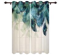 TEMLAN Motif De Plumes De Paon Rideaux Occultants Fleur Bleu Vert Turquoise Lot De 2 Rideaux Occultants Isolants Thermique Rideaux Salon Moderne À Oeillets Décoration De Fenêtre pour Chambr 140x160cm